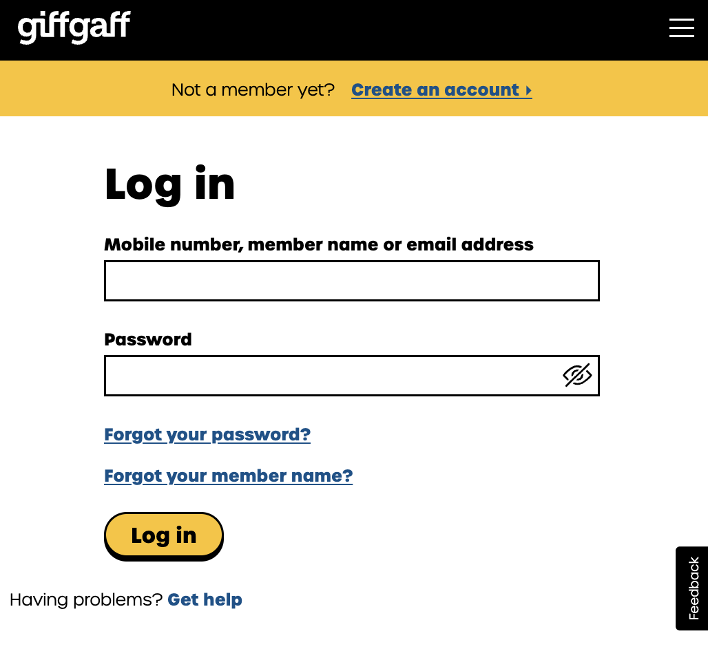 Giffgaff 登录与仪表盘界面