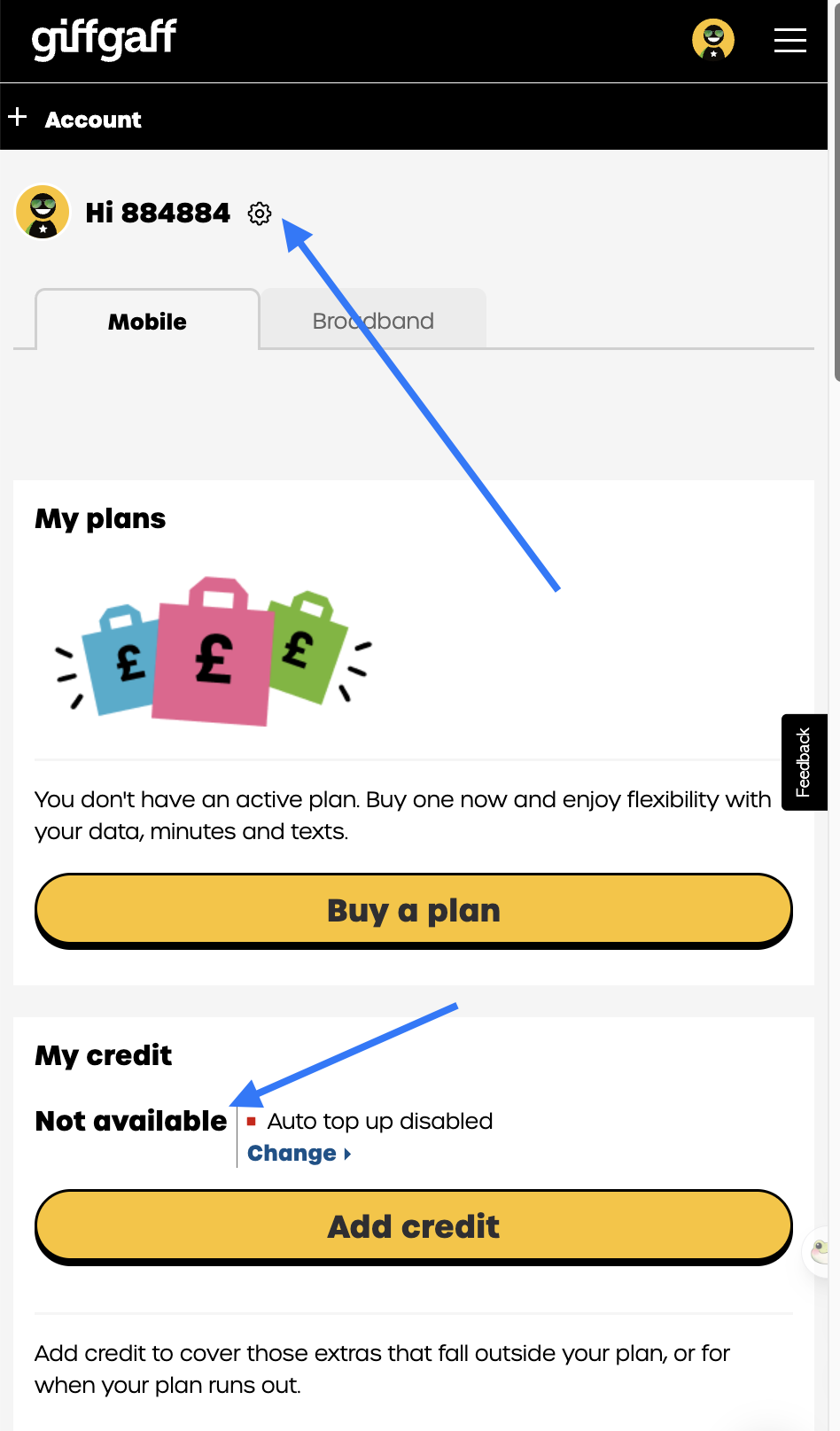 Giffgaff 登录与仪表盘界面